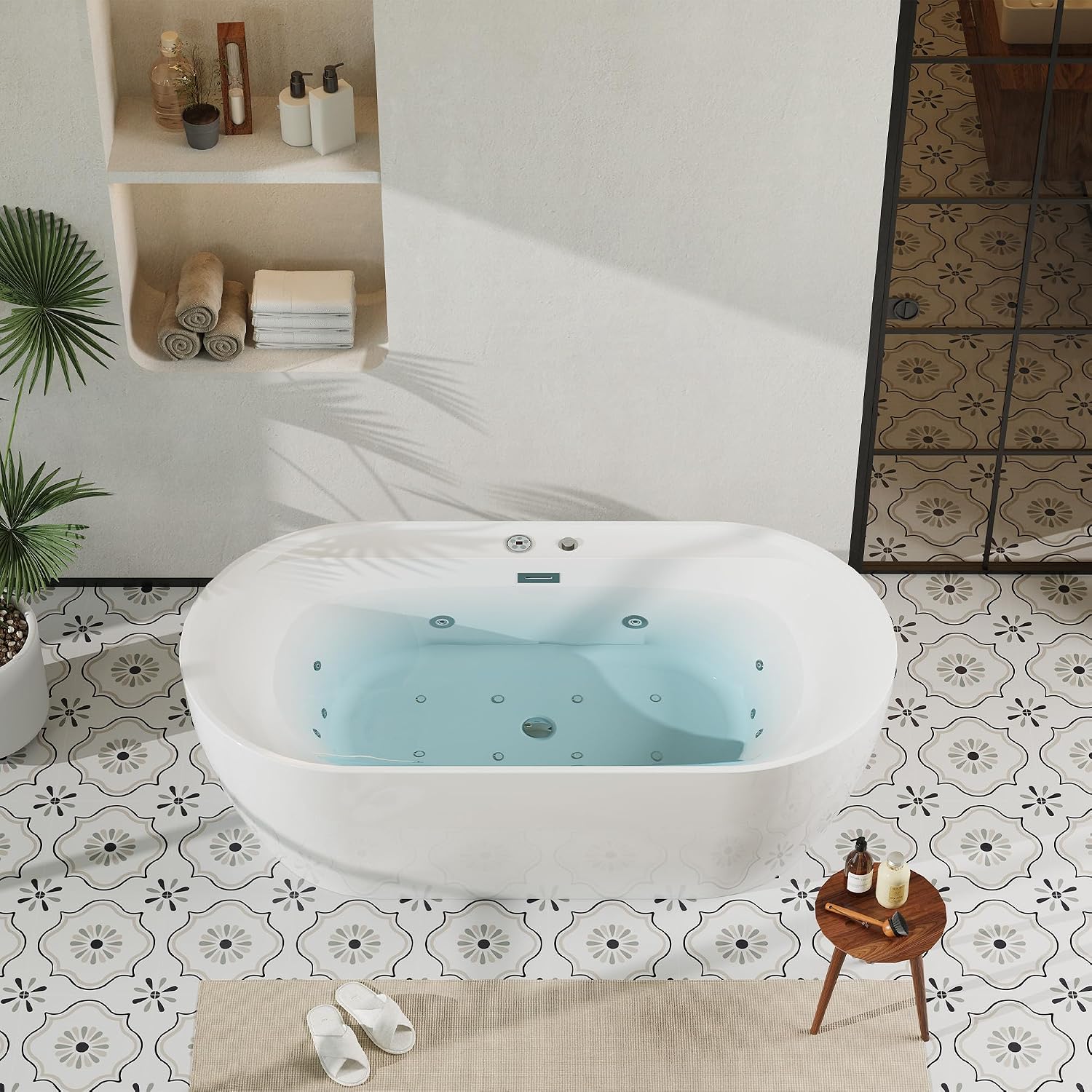 71 inch Whirlpool Freestanding Bathtub with Air Bubble & Hydro Massage – Heated Soaking Tub with Digital Control Panel, Glossy White Acrylic Spa Tub for Main Bathroom