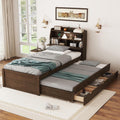 Multi-Function Twin Size Platform Bed with Trundle and 3 Drawers, Wood Captain Platform Bed Frame with Storage Headboard and Night Light, Maximized Space, Brown-d1