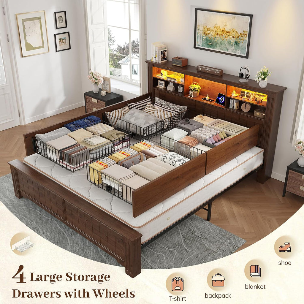 EnHomee Queen Bed Frame with 4 Storage Drawers, Bed Frame Queen Size with Headboard,Sturdy Queen Bed with LED Lights & Charging Ports,Wooden,No Box Spring Needed,Noise-Free,Brown