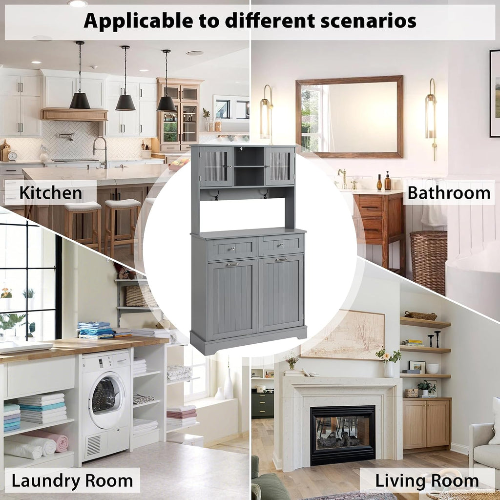 Tilt Out Trash Cabinet,Storage Cabinet,Two Solid Wood Hideaway Trash Holder Drawers,Wooden Freestanding Recycling Cabinets,Trash Can for Kitchen,Gray