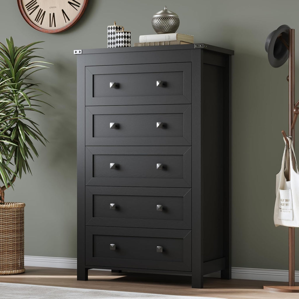 BORNOON Tall 5-Drawer Dresser, Modern Wooden Storage Chest of Drawers, Dresser TV Stand, Wood Drawer Organizer with Metal Handles for Bedroom, Living Room, Hallway