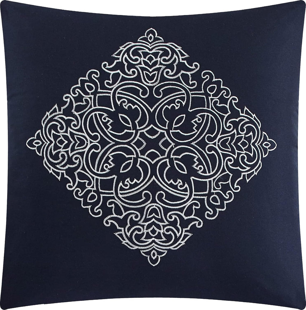 Grand Avenue Navy Damask Patchwork Queen Size Comforter Set, 7 Piece, Chain Stitching Embroidery Ultra Soft, Premium Microfiber, All Season