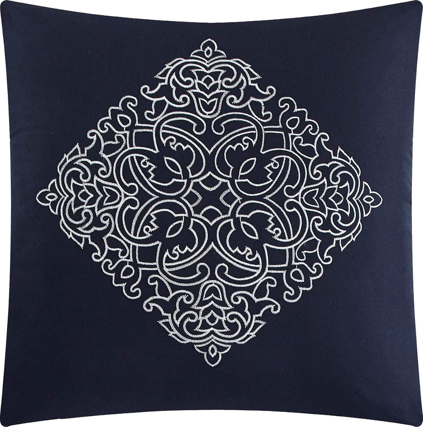 Grand Avenue Navy Damask Patchwork Queen Size Comforter Set, 7 Piece, Chain Stitching Embroidery Ultra Soft, Premium Microfiber, All Season