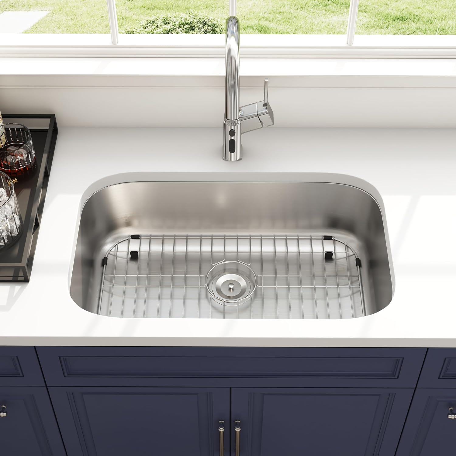 32 Inch Undermount Kitchen Sink 18 Gauge Stainless Steel Spacious Single Bowl Curved Shape Round Corner Deep Sinks with Basket Strainer and Bottom Grid 32' x 18' x 9'