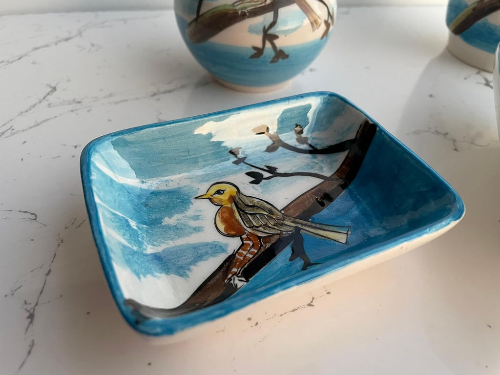 Blue Bathroom Accessory Set 4 Pieces & Birds, Soap Dispenser, Toothbrush Holder, Soap Dish, Lotion Dispenser, Animal Decor, Washing Set Gift (Product ?: Set (4 pcs))