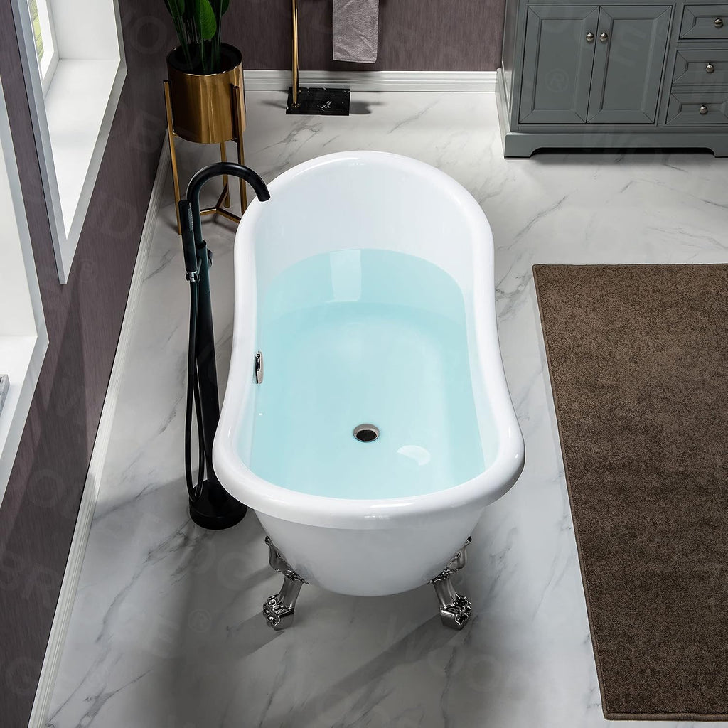 WOODBRIDGE All Inclusive Package 59' Heavy Duty Acrylic Double Slipper Clawfoot Bath Tub with Brushed Nickel Feet+B/N Drain &Overflow+B/N Faucet