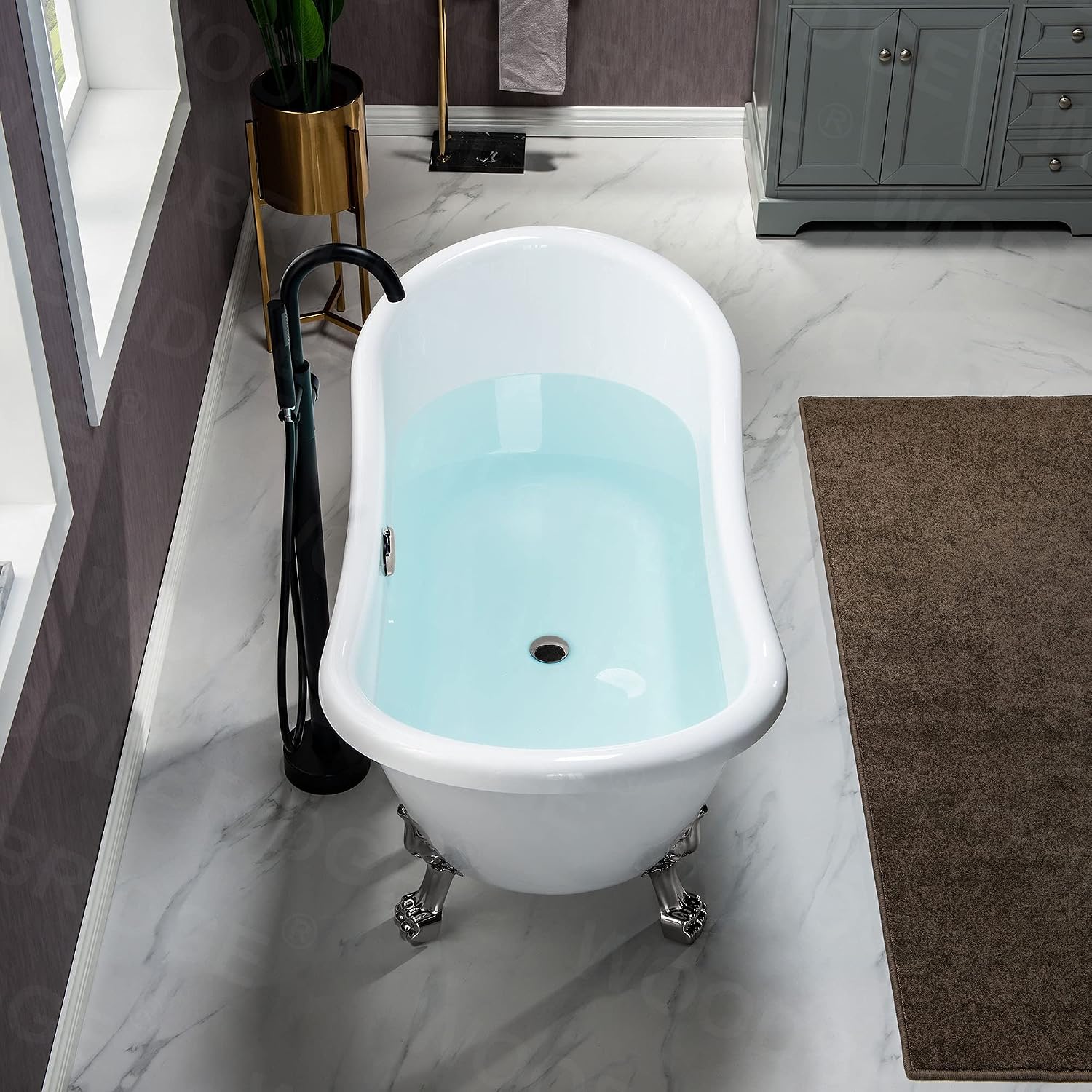 WOODBRIDGE All Inclusive Package 59' Heavy Duty Acrylic Double Slipper Clawfoot Bath Tub with Brushed Nickel Feet+B/N Drain &Overflow+B/N Faucet