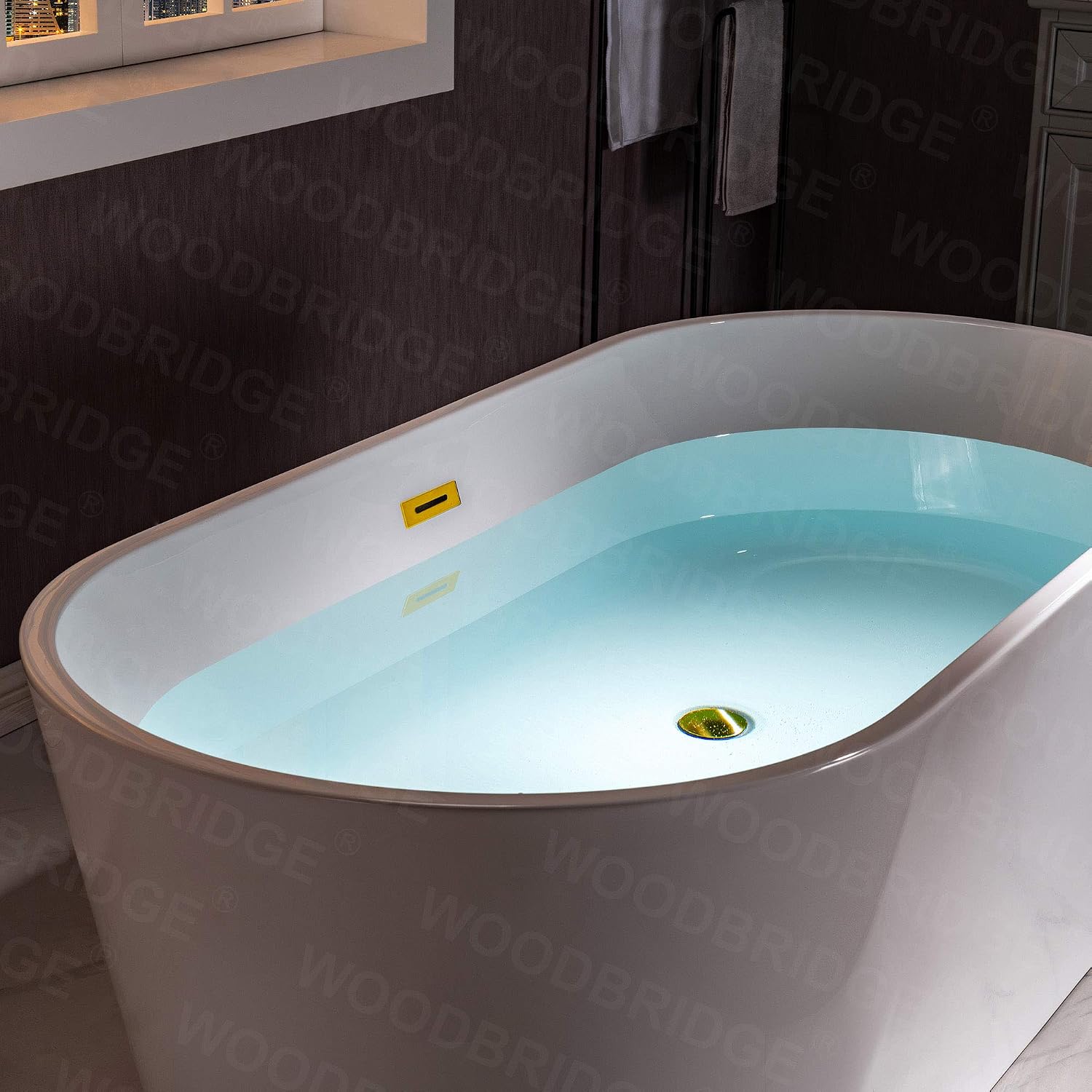 WOODBRIDGE 54' Acrylic Freestanding Bathtub Contemporary Soaking White Tub with Brushed Gold Overflow and Drain,B1702-BG
