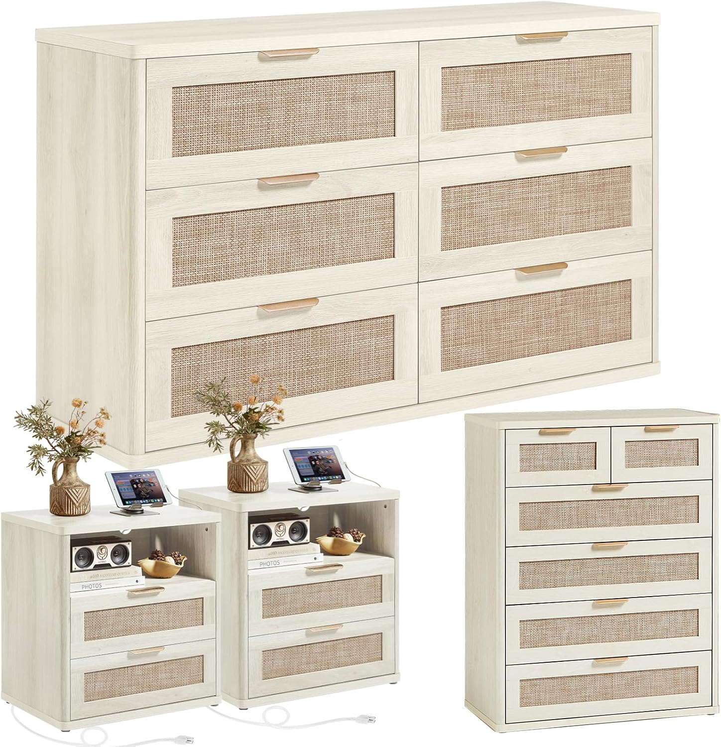 LEYAOYAO Rattan Dresser and Nightstand Set of 4, Boho Wood Dresser for Bedroom with 6 Drawers and Night Stand with Charging Station, Bedroom Furniture,Dressers & Chests of Drawers,Living Room,Hallway
