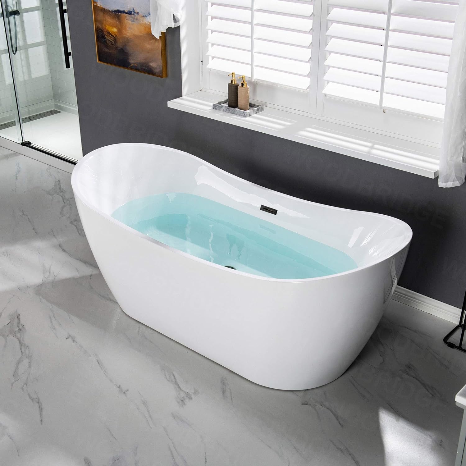 WOODBRIDGE 71'Freestanding White Acylic Soaking Bathtub with Matte Black Drain and Overflow,B0017 MB