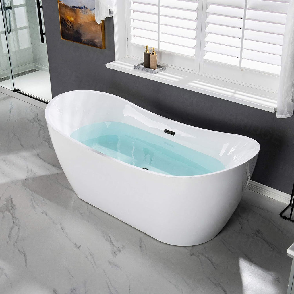 WOODBRIDGE 71'Freestanding White Acylic Soaking Bathtub with Matte Black Drain and Overflow,B0017-MB