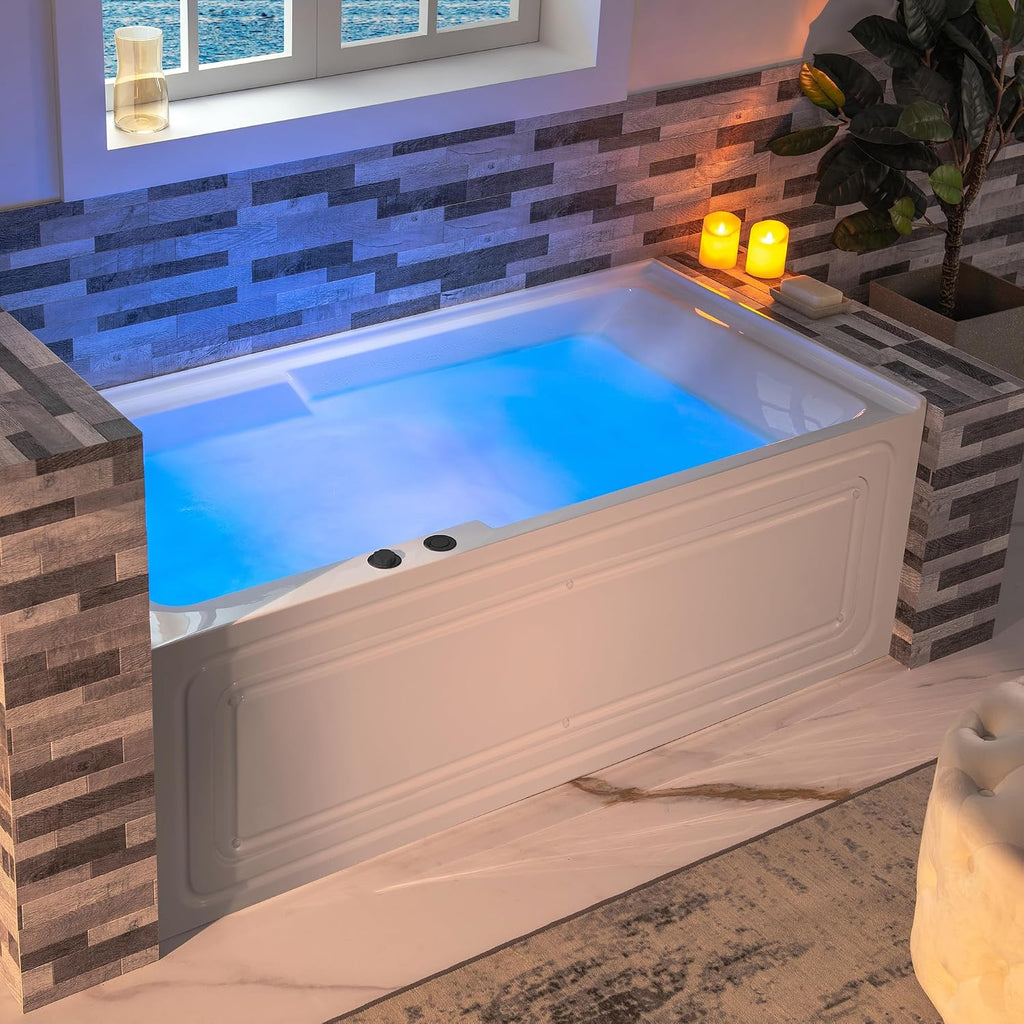 WOODBRIDGE 60' Alcove Acrylic Rectangular Whirlpool Heated Jetted Tub in White with Left Drain, Matte Black pop-up Drain Included BM6030L
