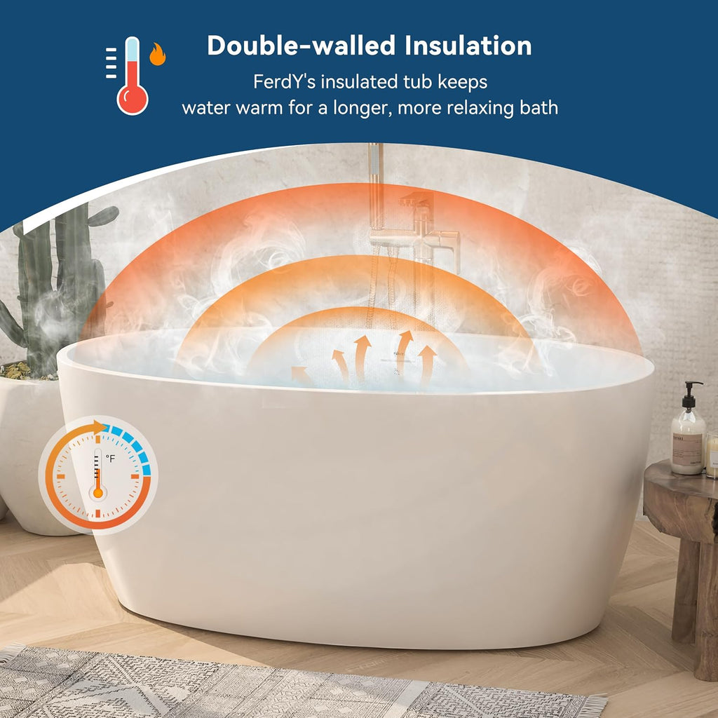 FerdY Tahiti 55' Acrylic Freestanding Bathtub, Elegant Oval Shape Soaking Bathtub, Glossy White, Matte Black Drain & Integrated Slotted Overflow Assembly Included cUPC Certified