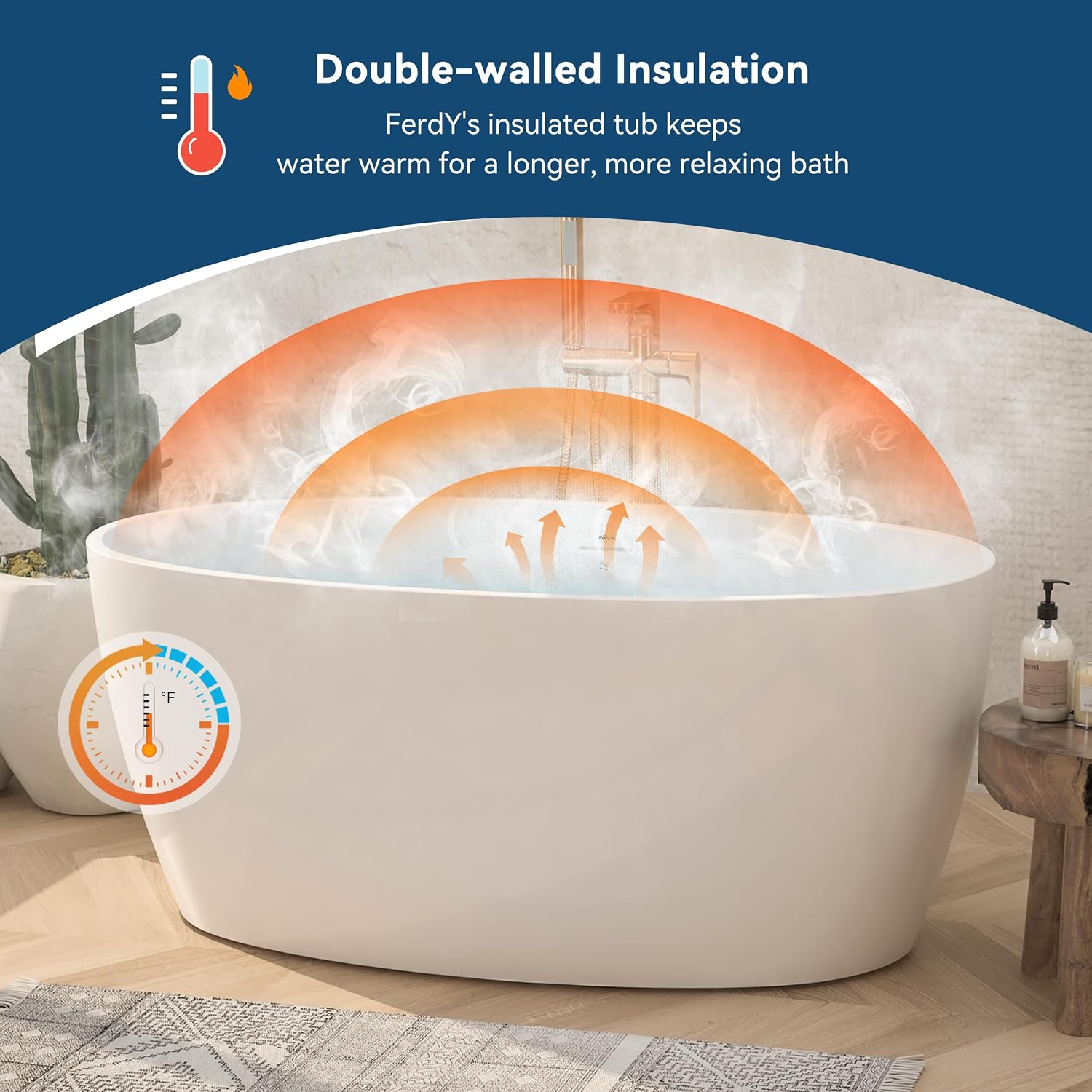 FerdY Tahiti 55' Acrylic Freestanding Bathtub, Elegant Oval Shape Soaking Bathtub, Glossy White, Matte Black Drain & Integrated Slotted Overflow Assembly Included cUPC Certified