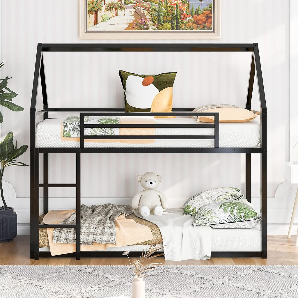 MERITLINE Metal Bunk Bed Twin Over Twin Size House Shaped Bunk Bed Frame Low Bunk Beds for Kids and Toddlers, Twin Size