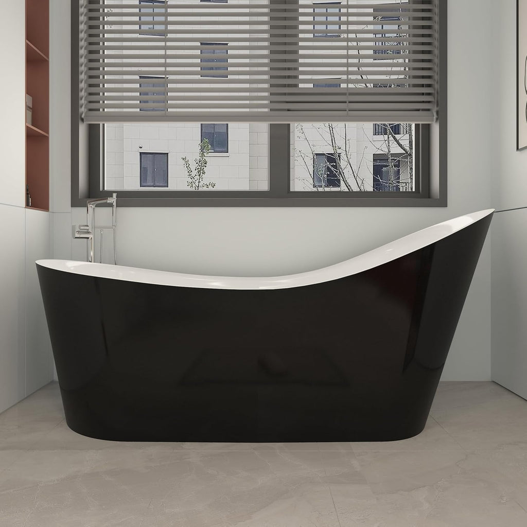 55' Black Modern Free Standing Soaking Slipper Bathtub, WHALEKING Luxury Stand Alone Deep Acrylic Hot Tub with Chrome Overflow&Drain, Matte Black