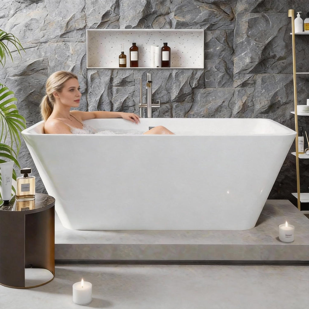 GarveeHome 66'' Acrylic Freestanding Bathtub, Deep Soaking Tub with Non-Slip Base, cUPC Certified Free Standing Tub, Chrome Drain Bath Tub, Modern Tub for Bathrooms, White