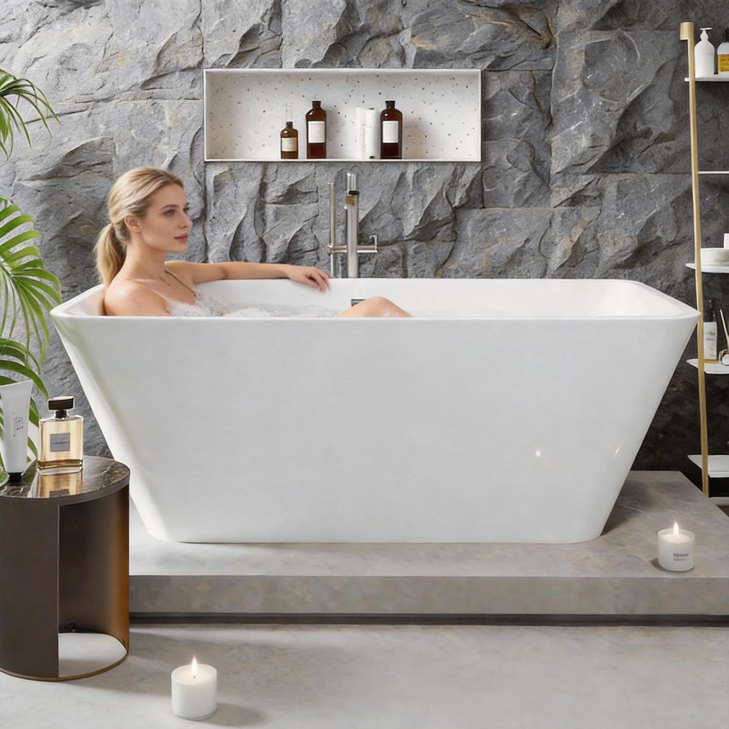 66'Acrylic Freestanding Bathtub, Modern Soaking Tub with Matte Drain and Black Overflow, Glossy White, Deep Ergonomic Design, Double-Walled Insulation, CUPC Certified Bath Tub