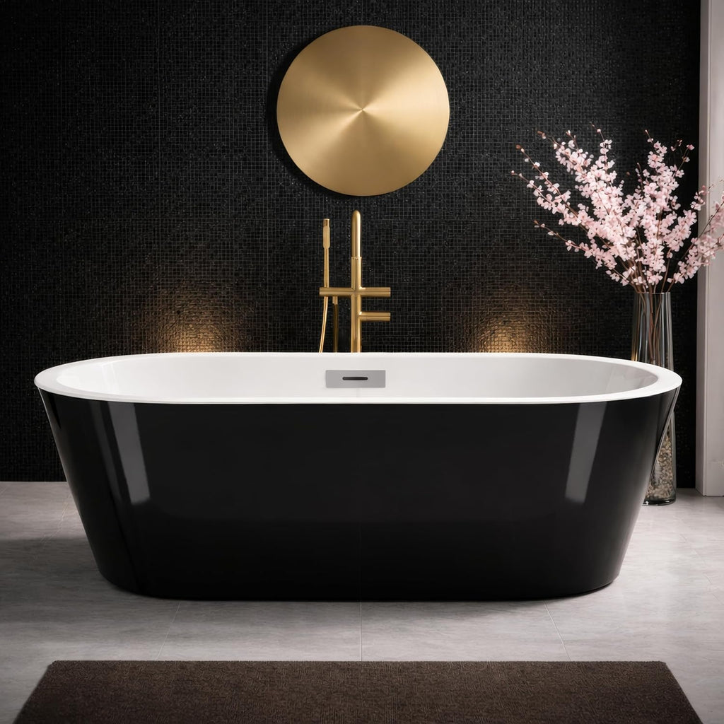 59' Free Standing Tub, Acrylic Soaking Bathtub, Stand Alone Freestanding Tub with Matte Sliver Drain and Overflow, Contemporary Bathtub for Bathroom, Black