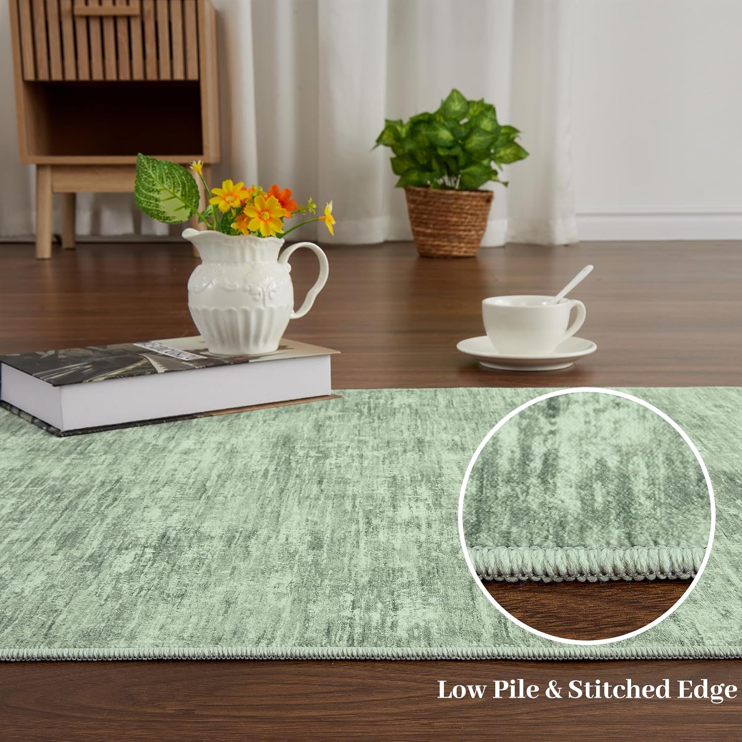 RUGSREAL Living Room Area Rug 9x12 Machine Washable Rug Non-Slip Stain Resistant Modern Abstract Carpet Contemporary Accent Throw Floor Carpet for Dining Room Solid Area Rug for Home Office, Green