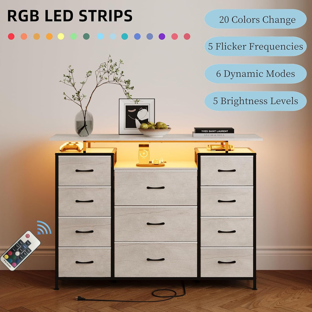 LUMTOK 11 Drawers Dresser with Fabric Drawers,Charging Station, LED Lights and Shelves for Bedroom Storage Organization (Greige)