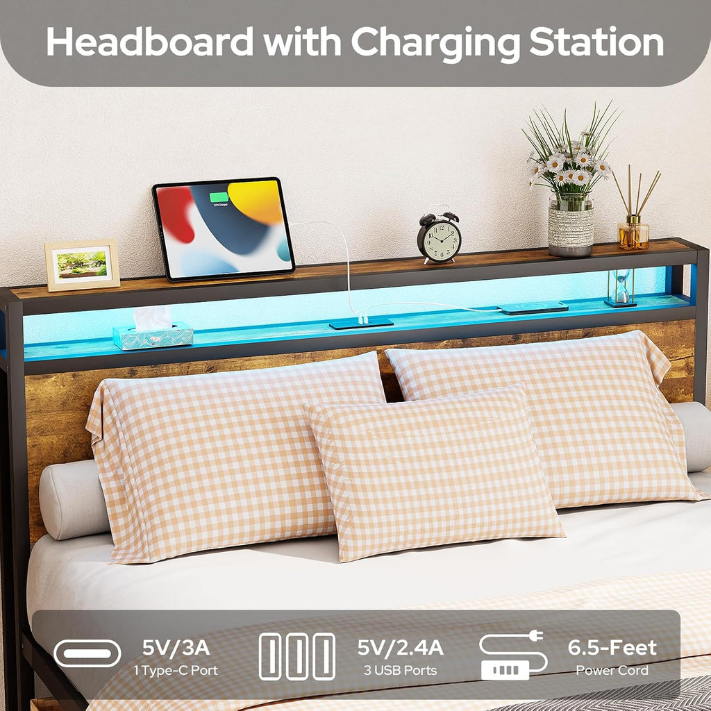 Zevemomo Queen Bed Frame with Storage Drawers, Bed Frame Queen Size with Headboard, LED Light, Charging Station with 3 USB Ports & 1 Type-C Port, No Noise, Rustic Brown