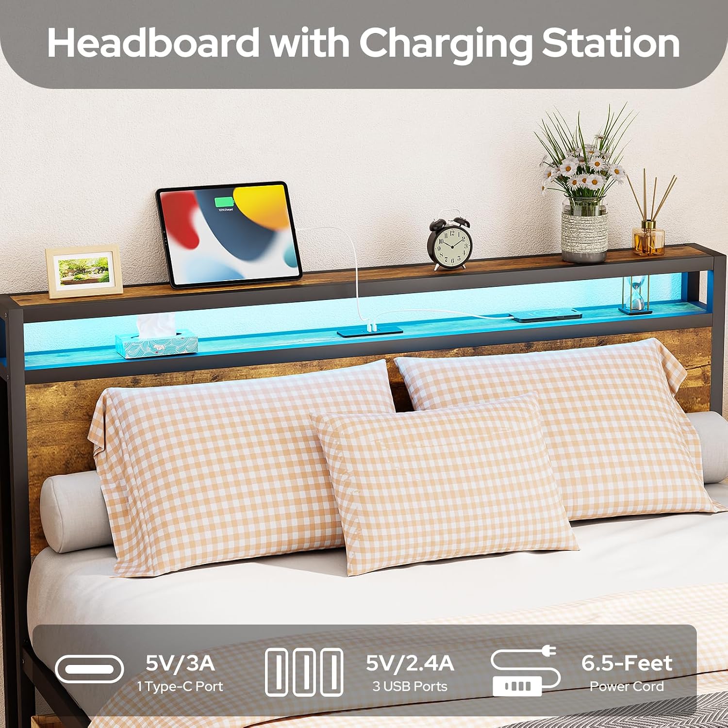 Zevemomo Queen Bed Frame with Storage Drawers, Bed Frame Queen Size with Headboard, LED Light, Charging Station with 3 USB Ports & 1 Type-C Port, No Noise, Rustic Brown