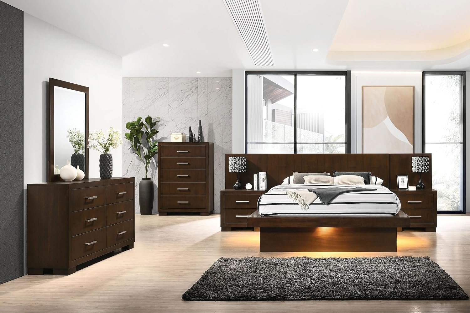 Coaster Home Furnishings Jessica Contemporary 6-Piece Bedroom Set Queen Size LED Panel Bed Frame 43-inch Headboard Cappuccino 200711Q-S6P