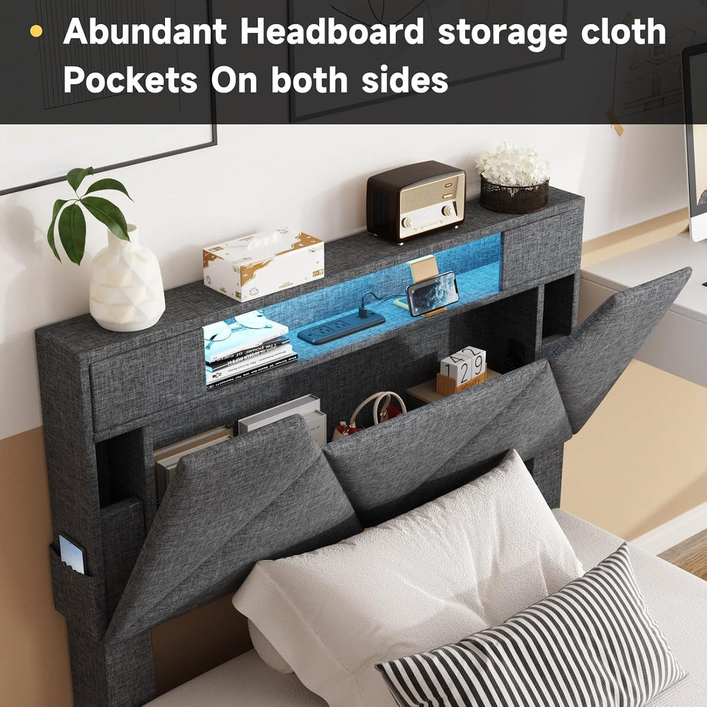 Vabches Twin Bed Frame with Storage Headboard and 4 Drawers,Upholstered Platform with Charging Station and Led Lights,Adjustable Headboard,No Box Spring Needed,Dark Grey