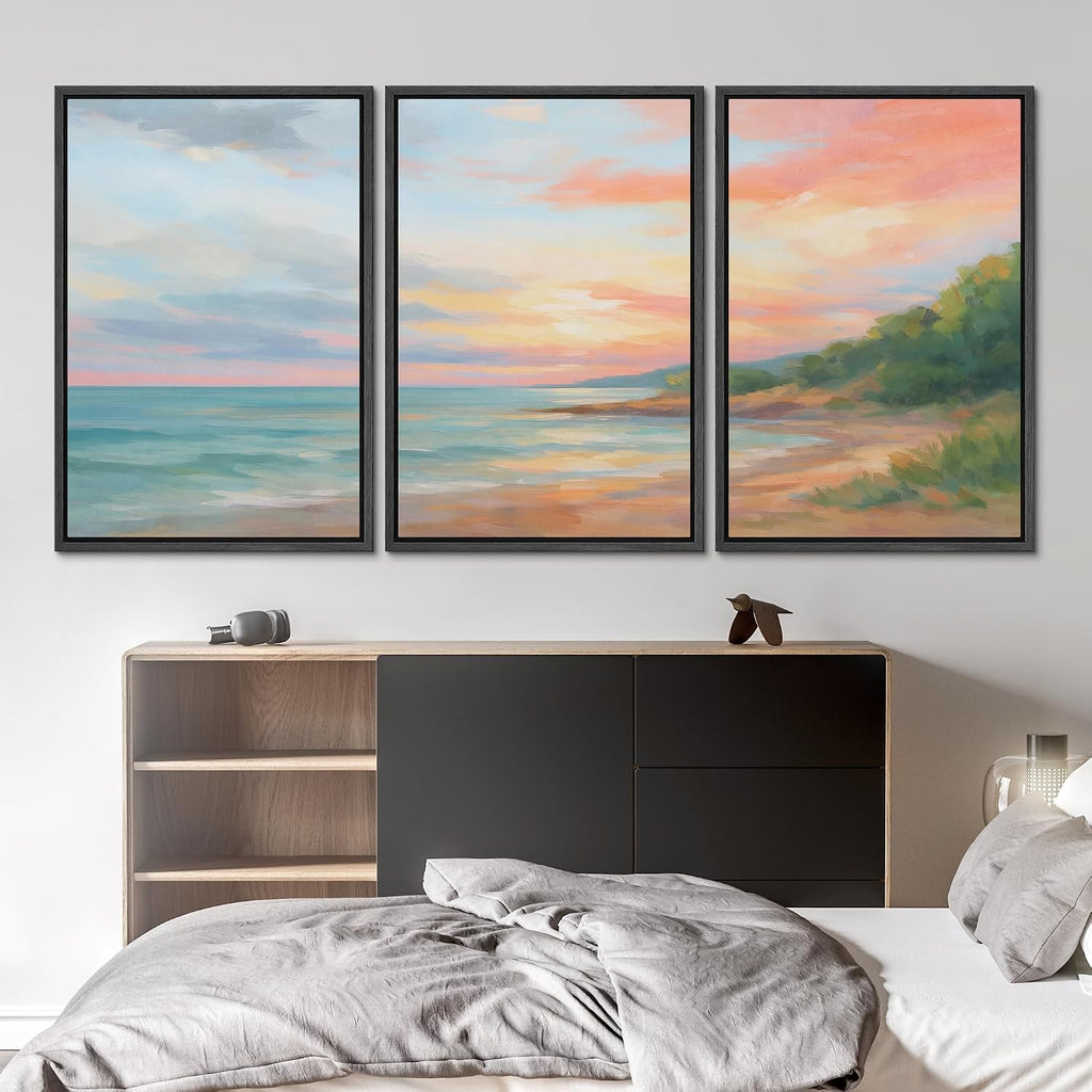 SIGNLEADER Framed Canvas Print Wall Art Set Coastal Sunset Seascape Pastel Landscape Illustrations Minimal Decorative Bohemian for Living Room, Bedroom, Office - 24'x36'x3 Black