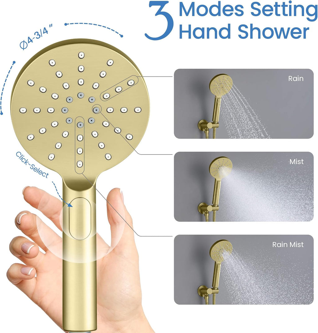 KIBI Circular Bathroom Shower System | 2-Function Wall Mounted Shower Faucet Set | Solid Brass Pressure Balanced Valve Construction | Durable and Leak-Free | Brushed Gold Finish (KSF403)