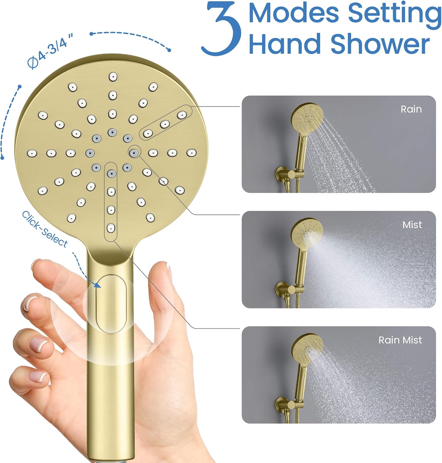 KIBI Circular Bathroom Shower System | 3-Function Wall Mounted Shower Faucet Set with Solid Brass Pressure Balanced Valve | Three Hand Shower Modes | 15-inch Long Shower Arm | Brushed Gold (KSF404)