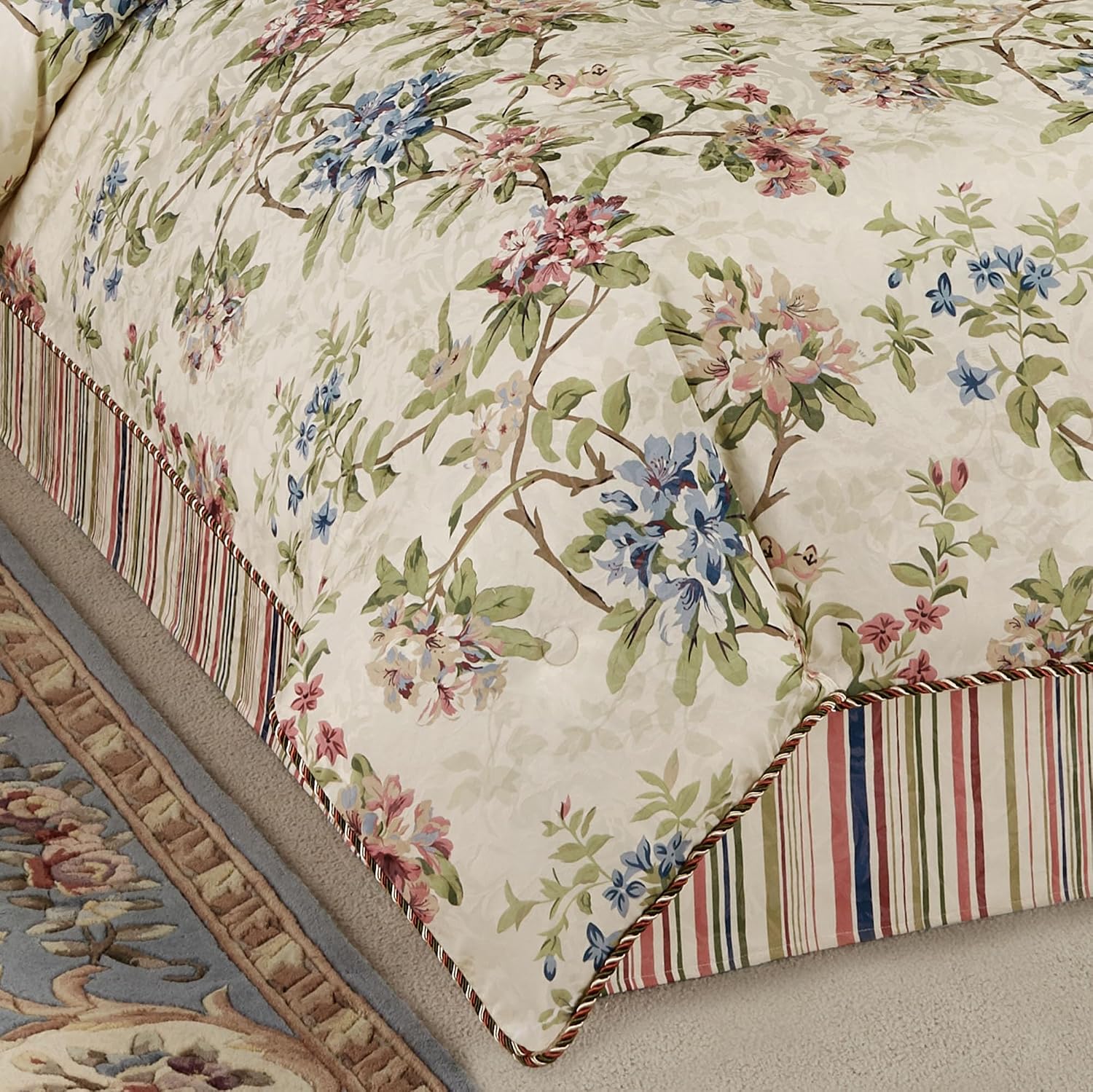 Chatsworth Cottage Country Polyester Jacquard Woven Bedding | Classic Traditional Flower Stripe Floral | Cream Ivory Rose Sage Blue Latte | 7 Pc Set Full Comforter, Bedskirt, 2 Shams, 3 Pillows