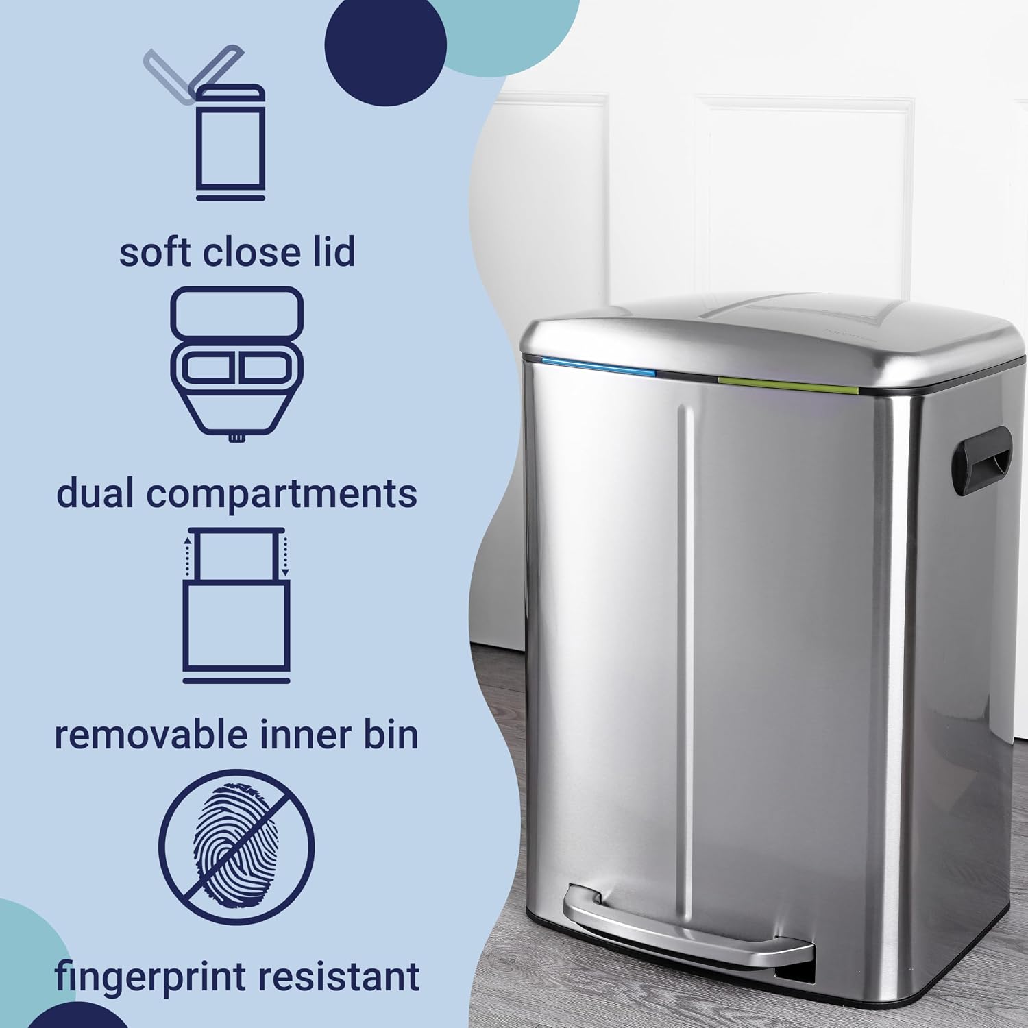 happimess HPM1005A Marco Rectangular 10.6-Gallon Double Bucket Trash Can with Soft-Close Lid, Stainless Steel, Fingerprint Resistant, Modern, Minimalistic for Home, Kitchen, Office, Bedroom, Bathroom