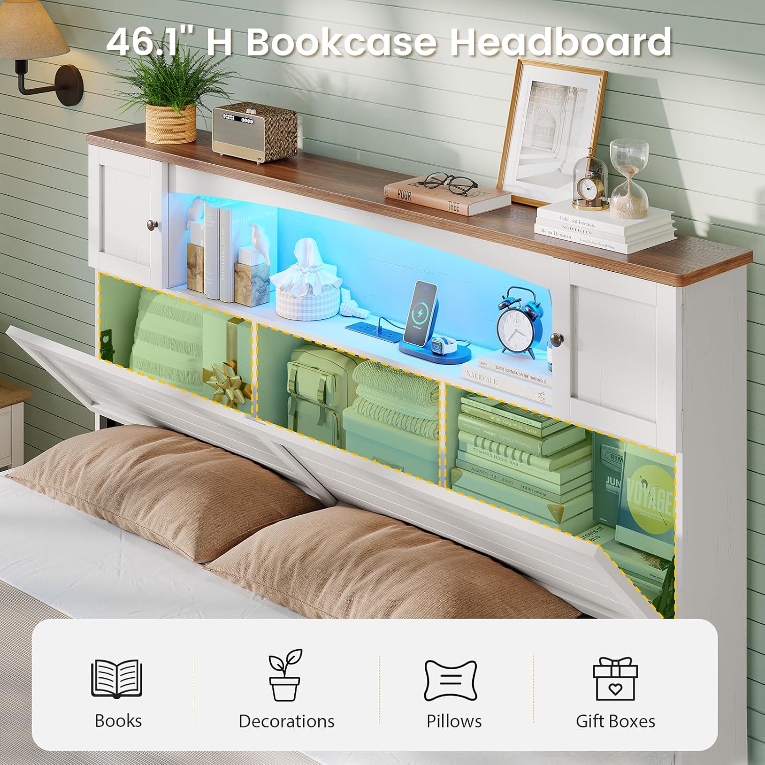 MSmask Farmhouse Bed Frame Full Size with Bookcase and Storage Cabinets Headboard, Wood Platform Bed with LED Lights, Charging Station, 4 Drawers, Decoration Footboard, No Box Spring Needed, White