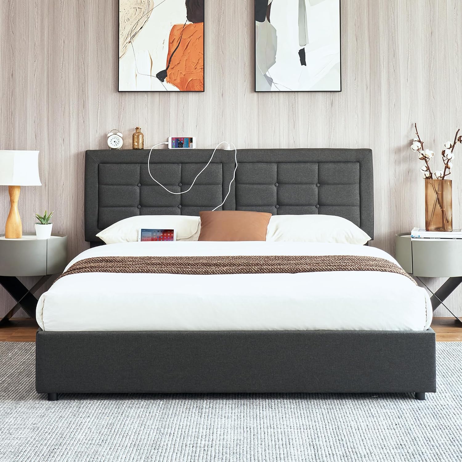 VECELO Full Size Bed Frame with 4 Drawers, Adjustable Tufted Button Headboard, Upholstered Platform with Wood Slats Support, Built-in USB and Type C Ports, Dark Gray