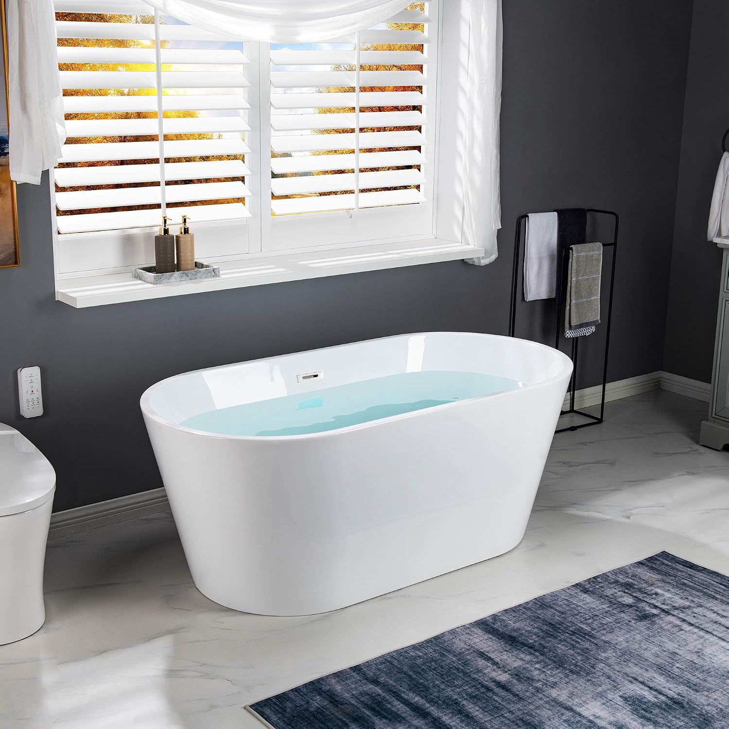WOODBRIDGE 59' Acrylic Freestanding Bathtub Contemporary Soaking White Tub with Chrome Overflow and Drain，B0014-CH