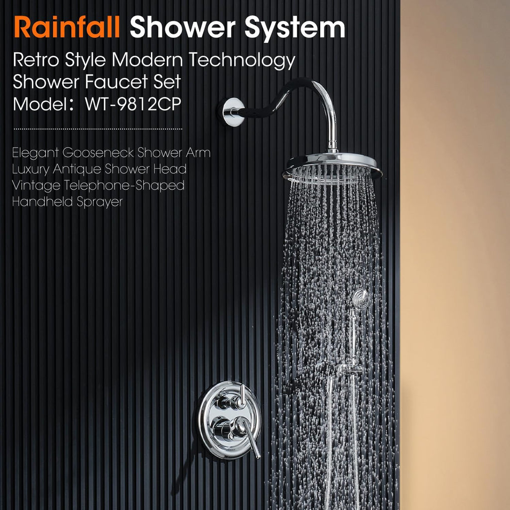 Shower System with Rain Shower Head, Handheld Spray, Rough-in Valve and Trim Kit 9 Inch Bathroom Luxury Rain Mixer Shower Complete Combo Set Wall Mounted High Pressure Shower Faucet Set Chrome
