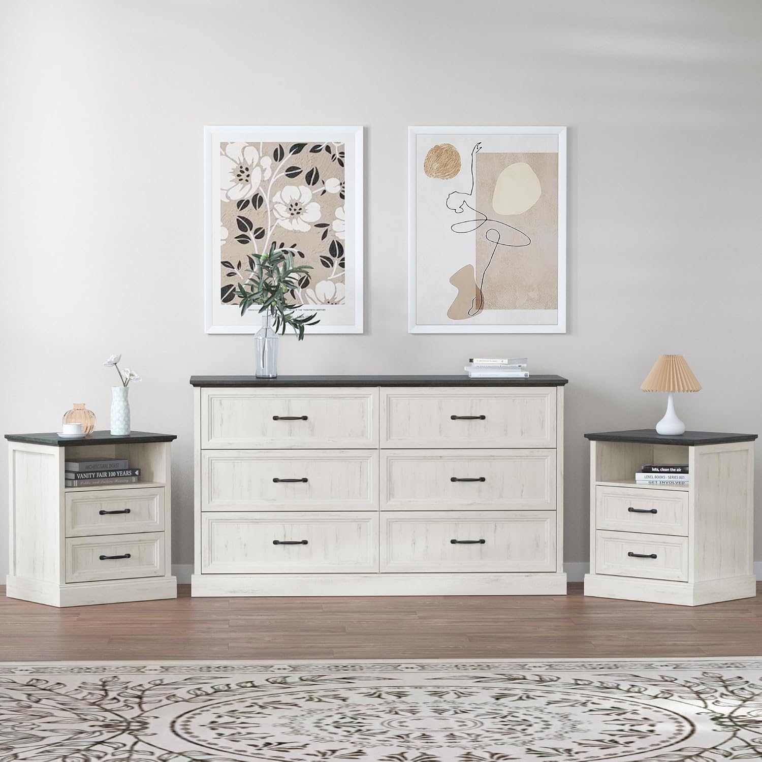 Tradare 3 Pcs Farmhouse Dresser and Nightstand Sets for Bedroom, 6 Drawer Dresser & Nightstand Set of 2, Rustic Wooden Chest of Drawers Wide Storage Organizer for Bedroom, White