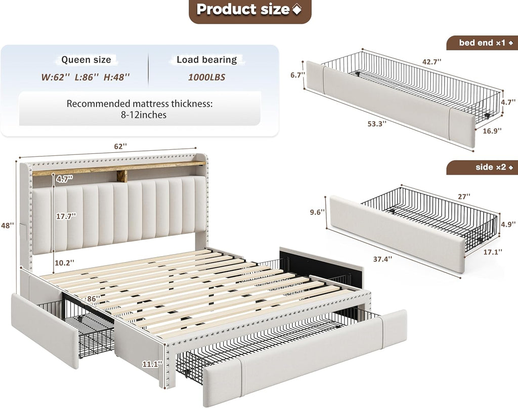 EnHomee Queen Bed Frame with 3 Storage Drawers & Upholstered Queen Size Bed Frame with 2-Tier Storage Headboard, Wooden Slats Support, No Box Spring Needed, Beige