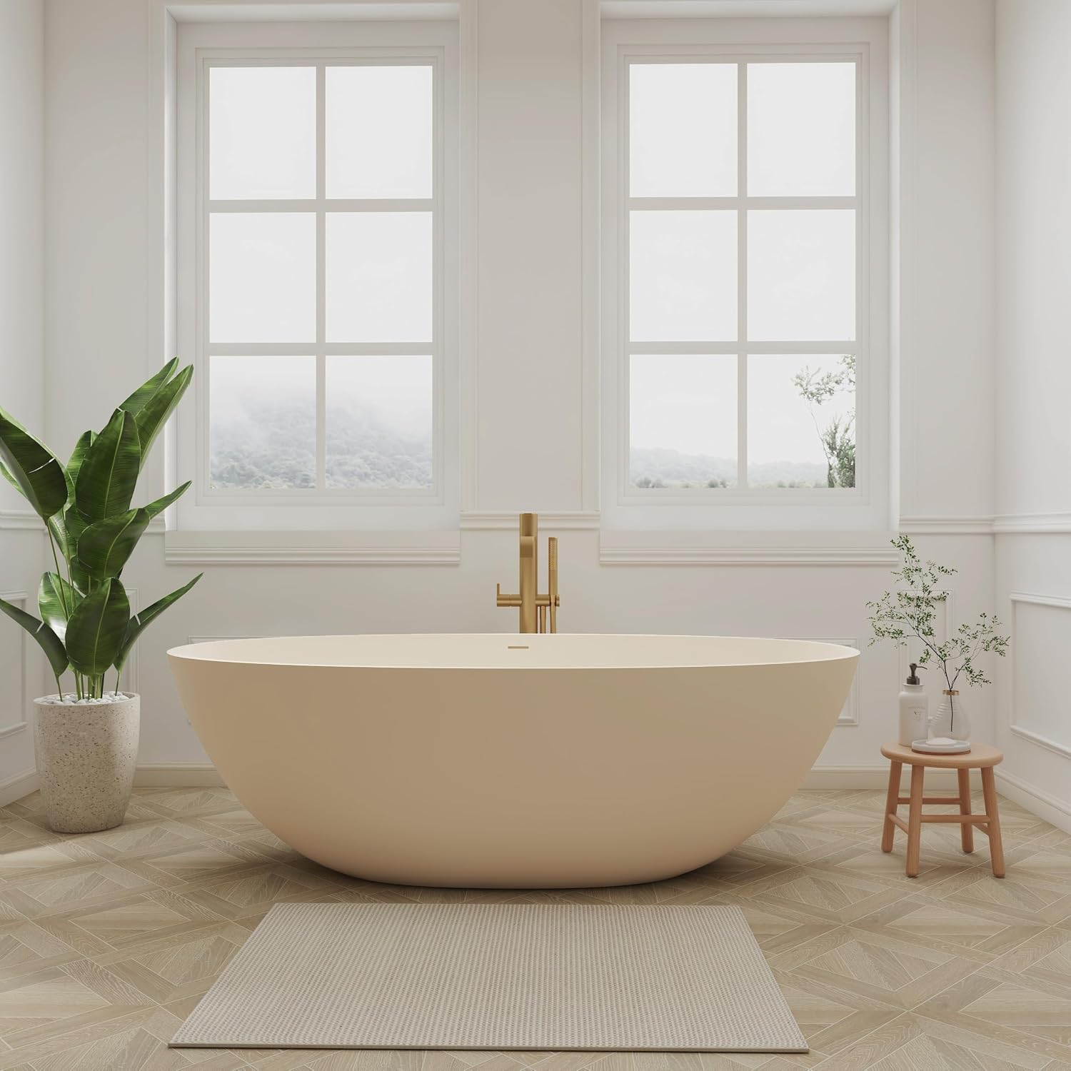 SJ STAR&JANE 65' Solid Surface Freestanding Bathtub, Oval Soaking Tub with Overflow and Pop-up Drain for Bathroom Cream