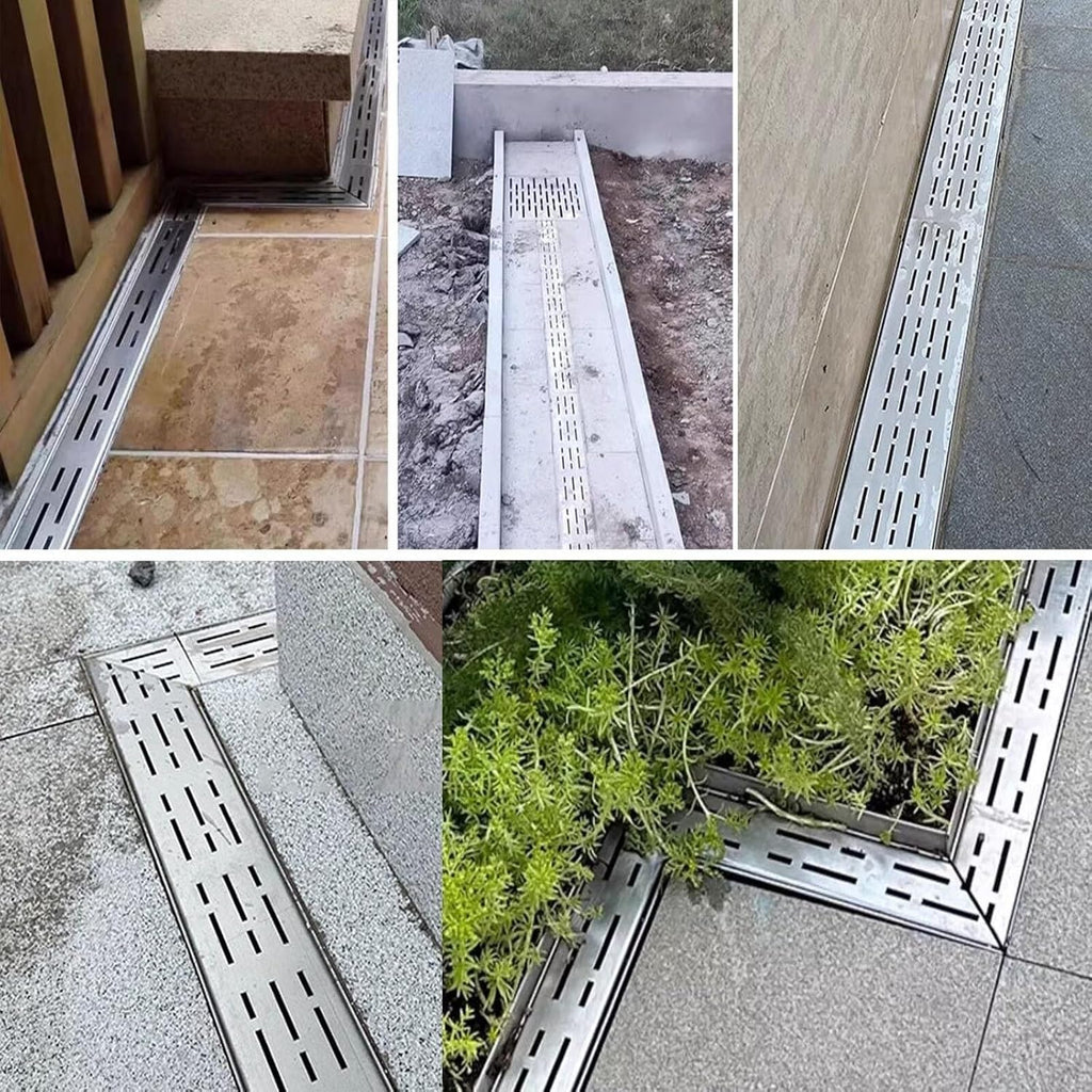 French Drain Kit Under Ground Drainage System, 2 Inch Outside Trench Drains for Concrete Driveways Walkway/ Slim Patio Drainage Gutter Pit, Stainless Steel Floor Drain Trough with Grate/ Grating(Silve