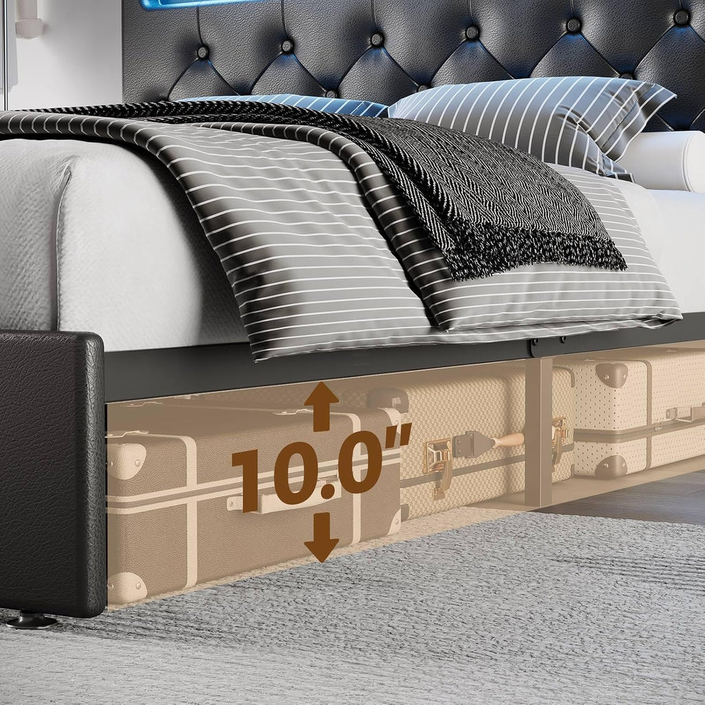 Rolanstar Queen Size Bed Frame with Charging Station, LED Bed with Under Bed Storage, Adjustable Headboard 38.9/40.8 Inches, No Box Spring Needed, Noise Free, Easy Assembly, Black
