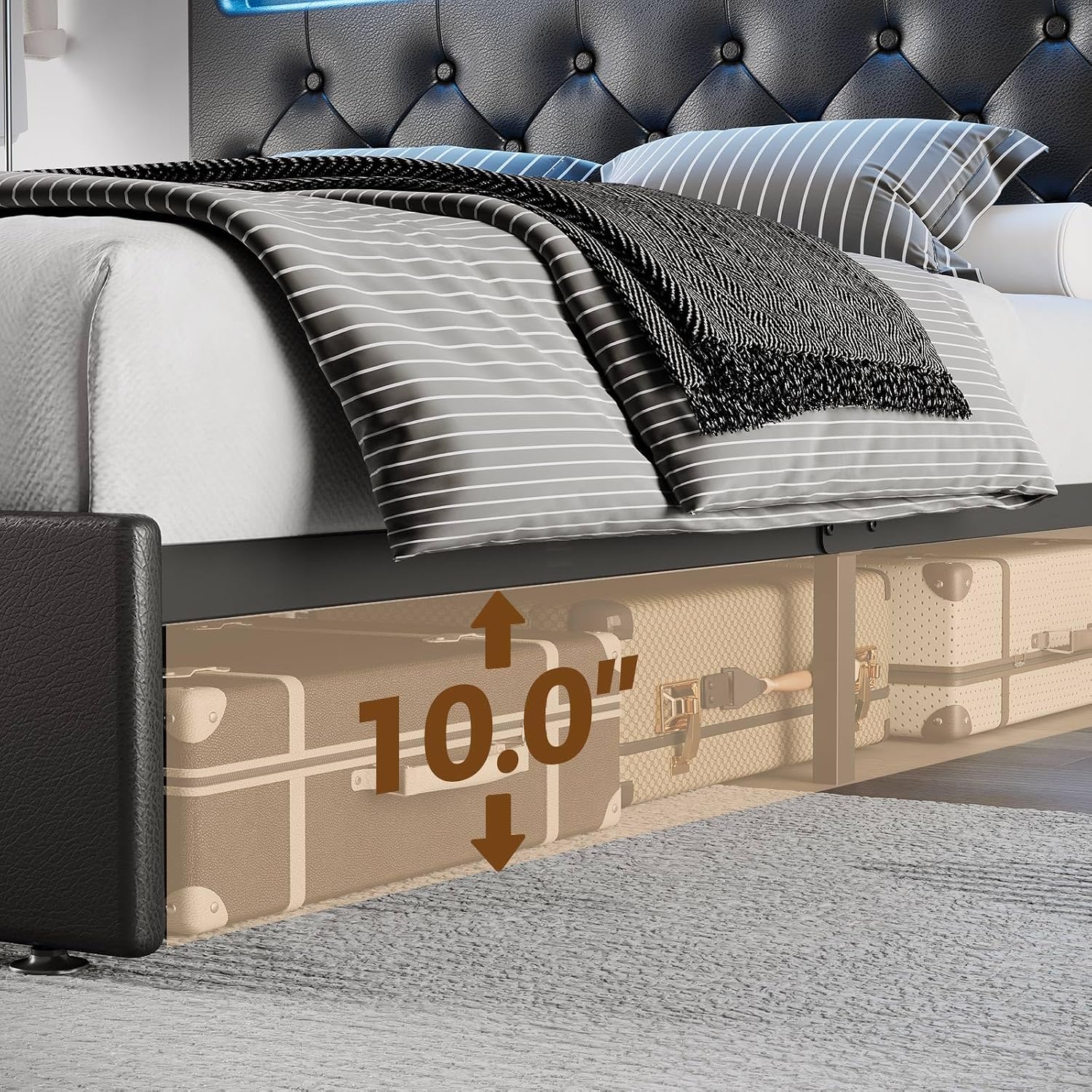 Rolanstar Queen Size Bed Frame with Charging Station, LED Bed with Under Bed Storage, Adjustable Headboard 38.9/40.8 Inches, No Box Spring Needed, Noise Free, Easy Assembly, Black