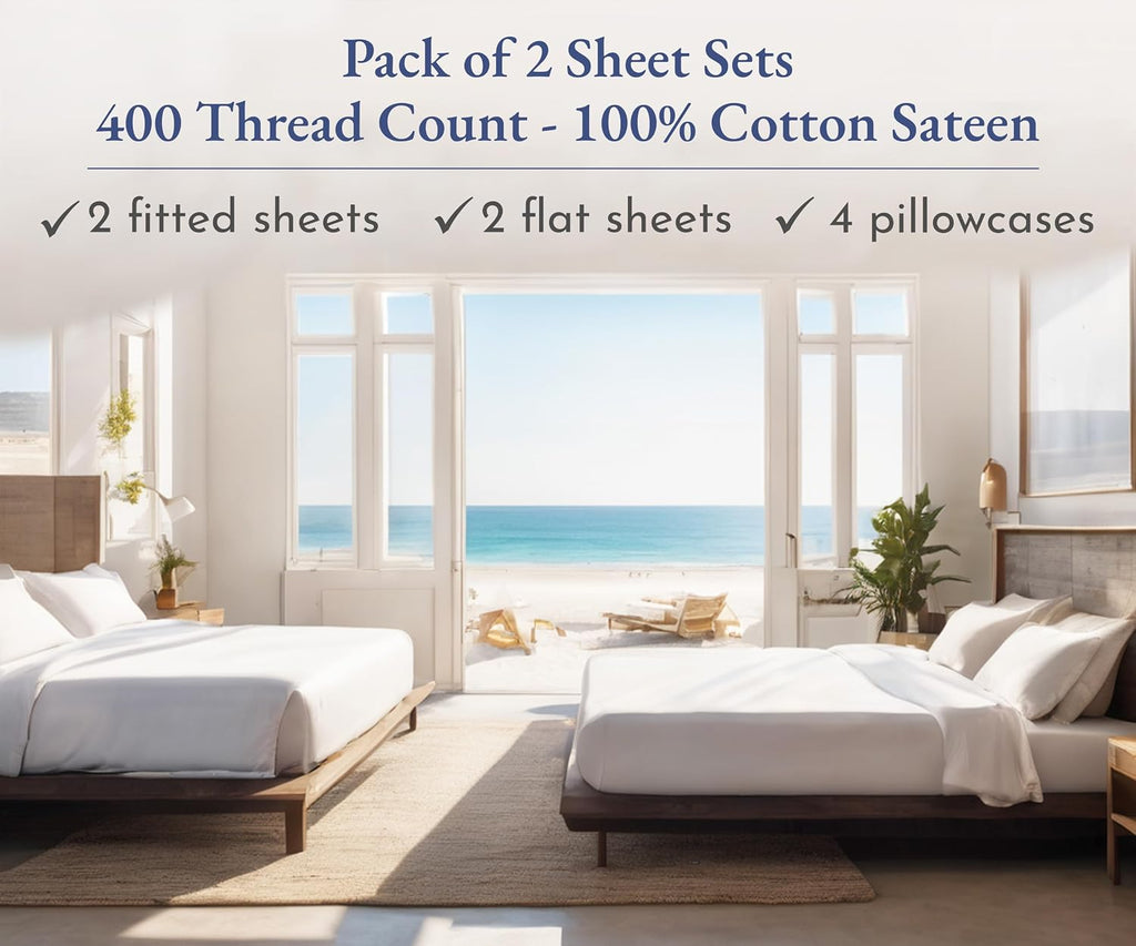 California Design Den Pack of 2 Queen Bed Sheets Set - 400 Thread Count 100% Cotton Sateen - Soft and Breathable Sheets, 2 Sets of Deep Pocket Bed Sheets - Light Grey