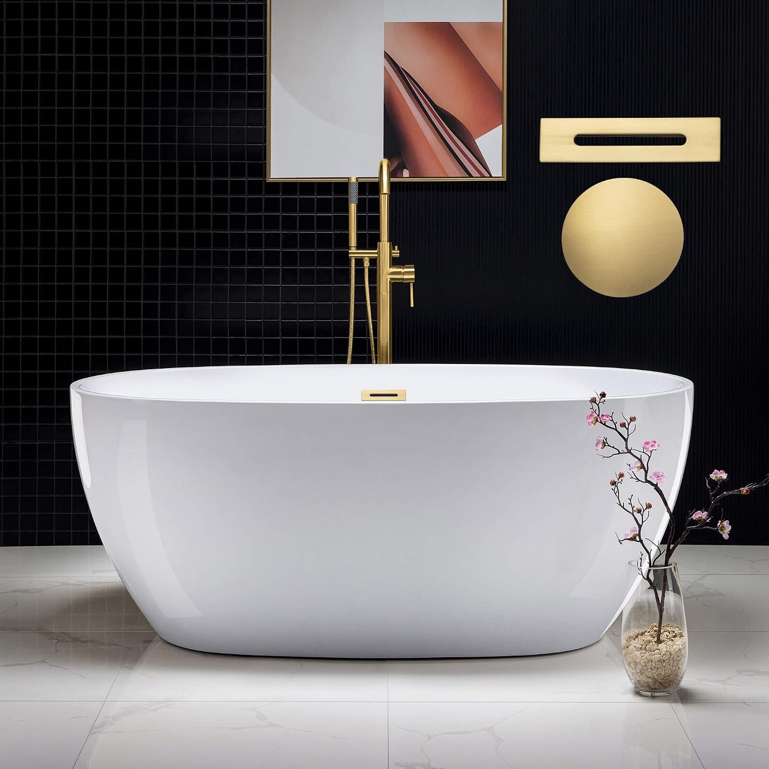 WOODBRIDGE 59'Freestanding White Acylic Soaking Bathtub with Brushed Gold Drain and Overflow,BTA1518 -BG-Drain &O