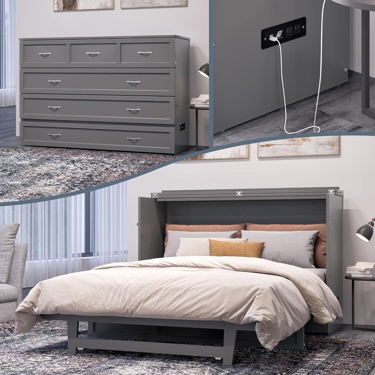 AFI, Northfield Murphy Bed Chest Queen with 6' Mattress, Storage Drawer & Built-in USB Charger, Grey