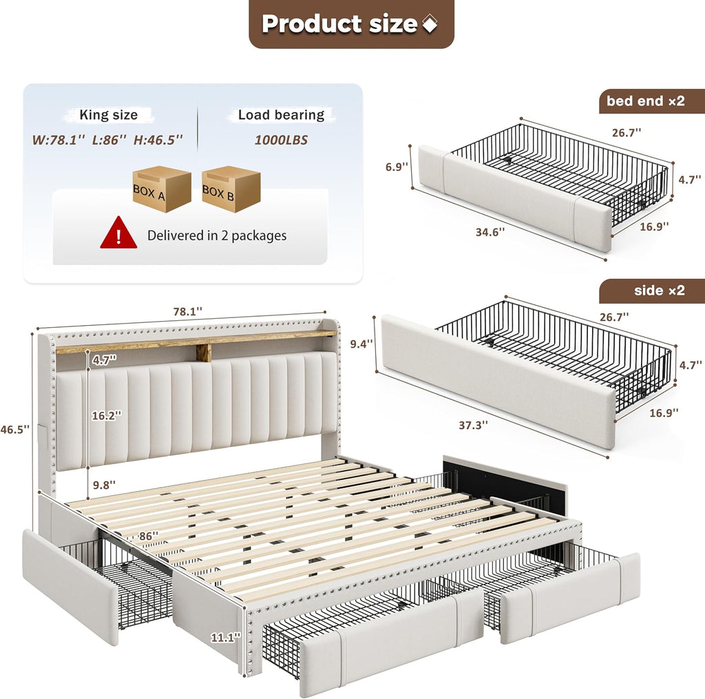 EnHomee King Size Bed Frame with 4 Storage Drawers, 2-Tier Vertical Tufted Storage Headboard, Platform King Bed Frame with Wooden Slats Support, No Box Spring Needed, Beige