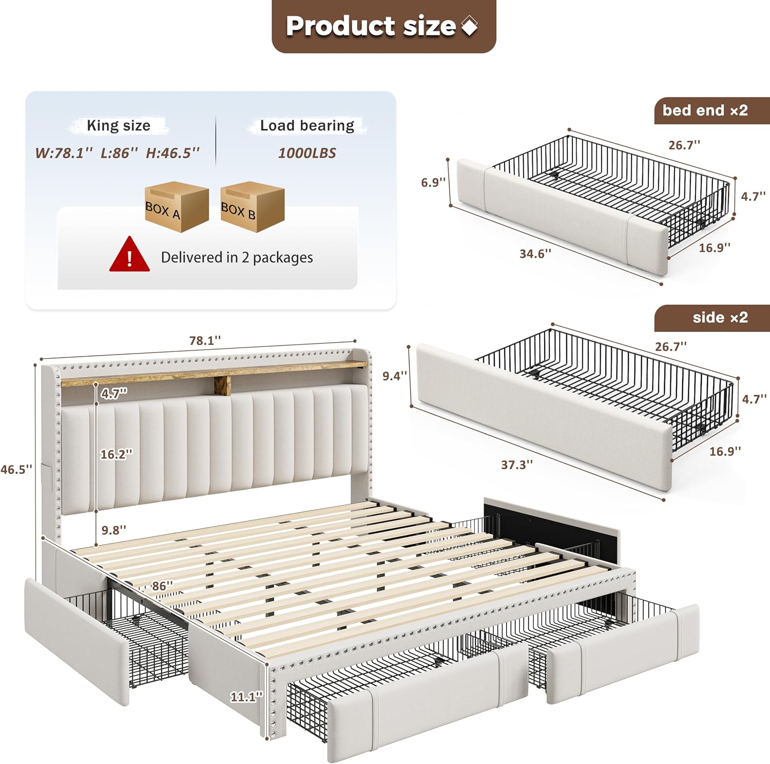 EnHomee King Size Bed Frame with 4 Storage Drawers, 2-Tier Vertical Tufted Storage Headboard, Platform King Bed Frame with Wooden Slats Support, No Box Spring Needed, Beige