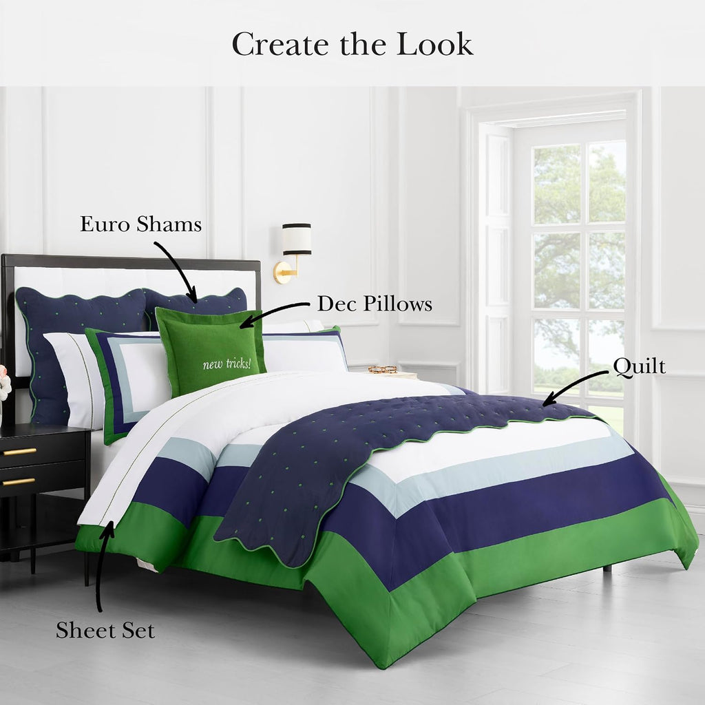 kate spade new york Color Block Full/Queen Comforter Set, 300 Thread Count and 100% Cotton Cover, All Season 3 Piece Reversible Bedding Set, Machine Washable, Navy, Green and White